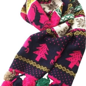 Colorful Kids Winter Scarf with Reindeer and Tree Patterns